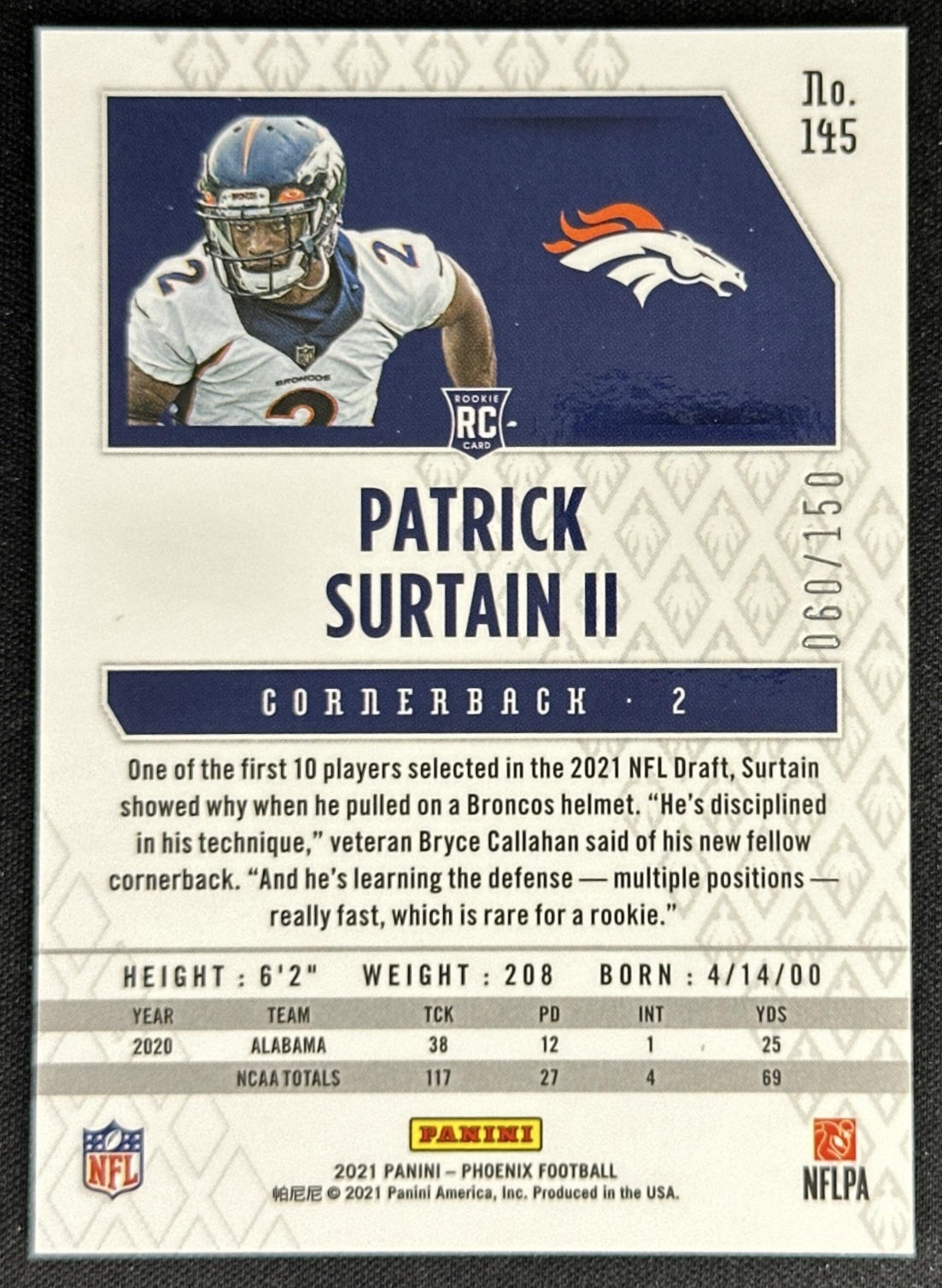 Patrick Surtain II 2021 Panini Phoenix Teal /150 Broncos
