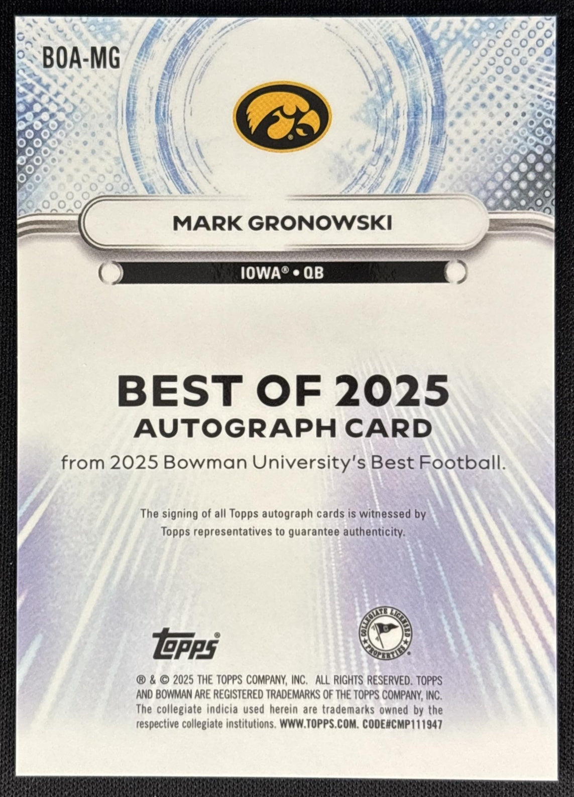 Mark Gronowski 2025 Best University The Best of Auto Gold Refractor /50 Hawkeyes Sports Trading Card