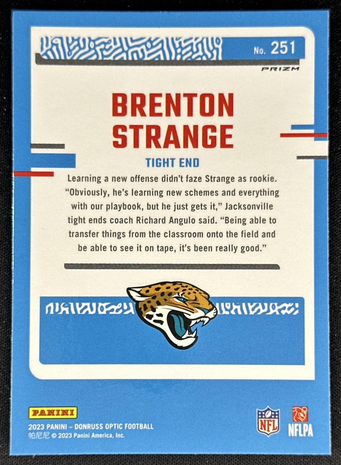 Brenton Strange 2023 Panini Donruss Optic Blue Stars Prizm Jaguars back