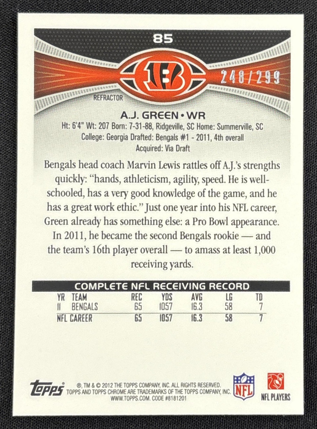 A.J. Green 2012 Topps Chrome Black Refractor /299 Bengals