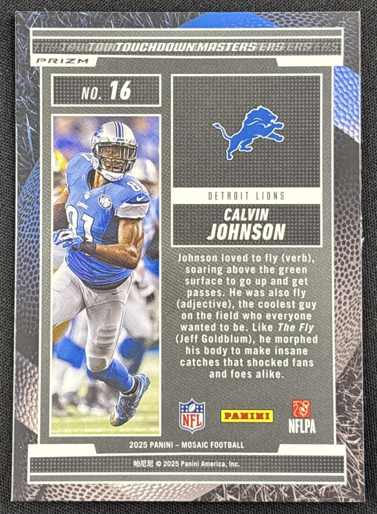 Calvin Johnson 2025 Panini Mosaic Touchdown Masters Green Prizm Lions