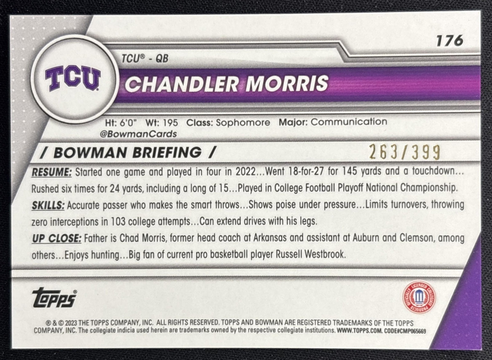 Chandler Morris 2023 Bowman University Chrome Purple Refractor /399 Horned Frogs back