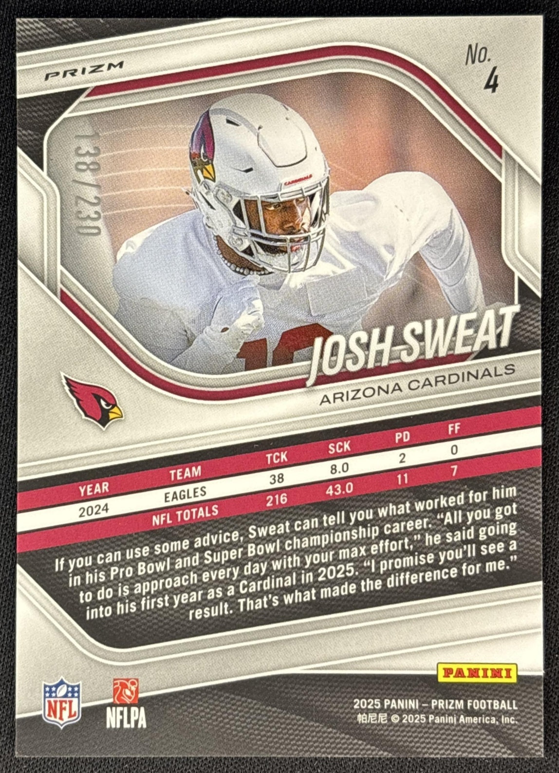 Josh Sweat 2025 Panini Prizm Blue Wave /230 Cardinals Sports Trading Cards