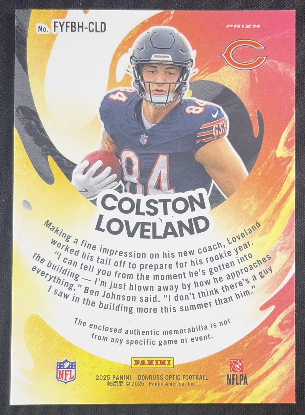 Colston Loveland 2025 Panini Donruss Optic First Year Fresh Blue Hyper Prizm Bears