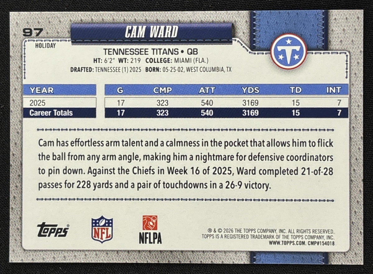 Cam Ward 2026 Topps Holiday Glitter Titans - back