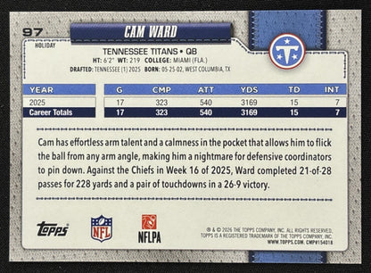 Cam Ward 2026 Topps Holiday Glitter Titans - back