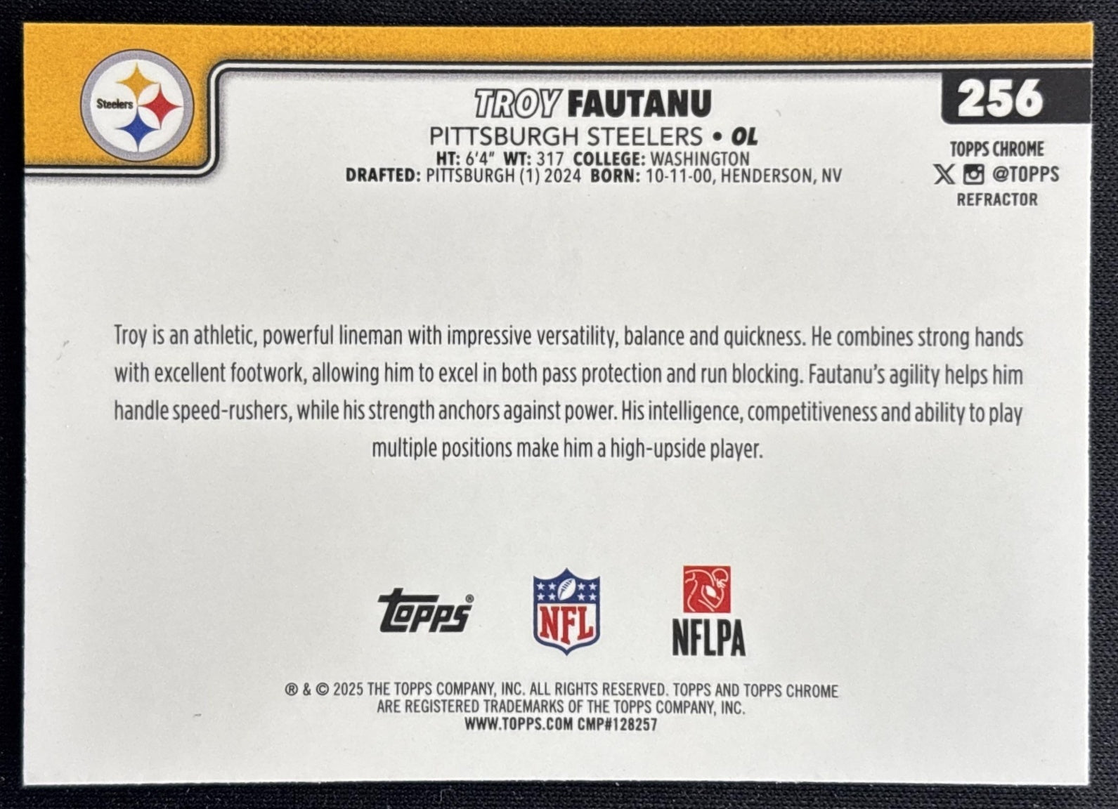 Troy Fautanu 2025 Topps Chrome Refractor Steelers - Back