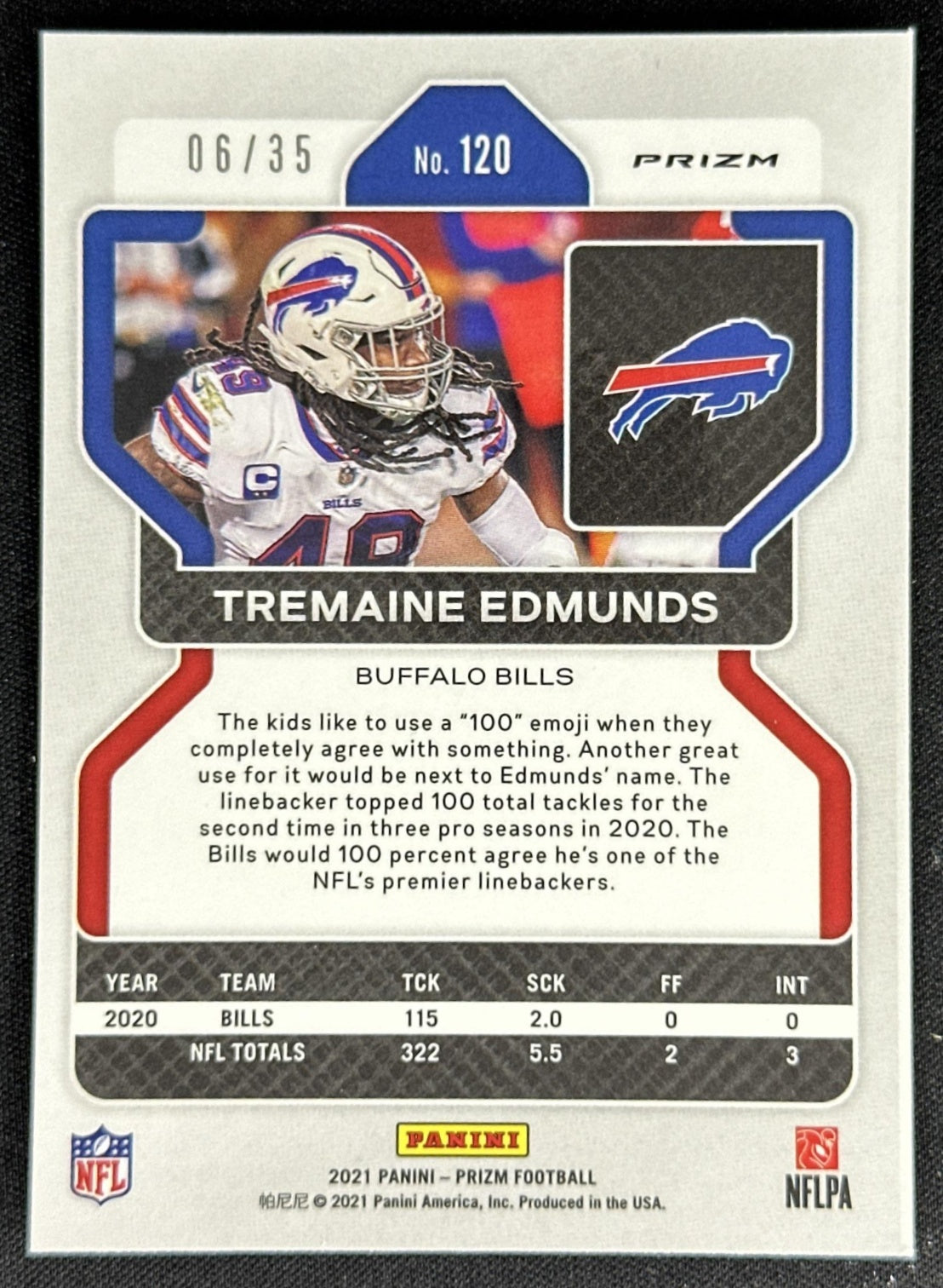 Tremaine Edmunds 2020 Panini Prizm Red Shimmer /35 Bills