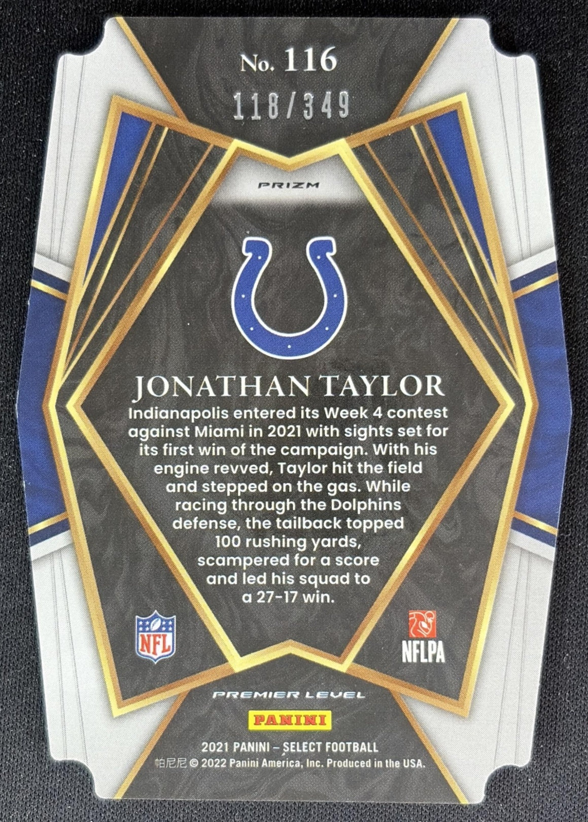 Jonathan Taylor 2021 Panini Select Neon Green Prizm Die Cut /349 Colts back