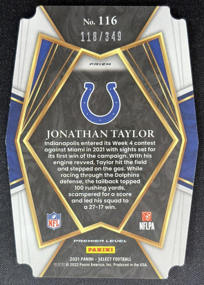 Jonathan Taylor 2021 Panini Select Neon Green Prizm Die Cut /349 Colts back