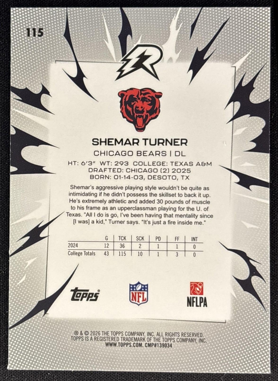 Shemar Turner 2025 Topps Resurgence Aqua Surge Refractor /250 Bears
