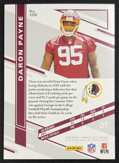 Daron Payne 2018 Panini Donruss Elite /699 Redskins Sports Trading Card