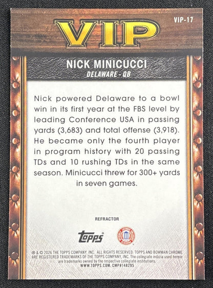 Nick Minicucci 2026 Bowman Very Important Prospects Refractor Fightin' Blue Hens back