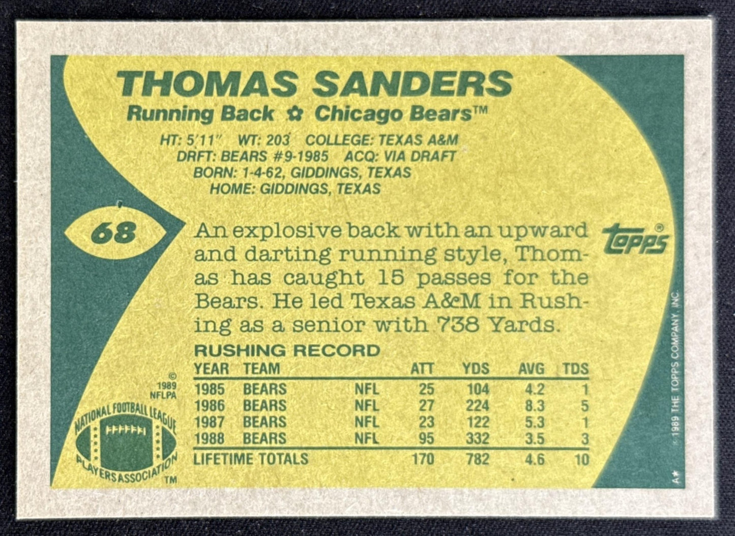Thomas Sanders 1989 Topps Bears Sports Trading Card
