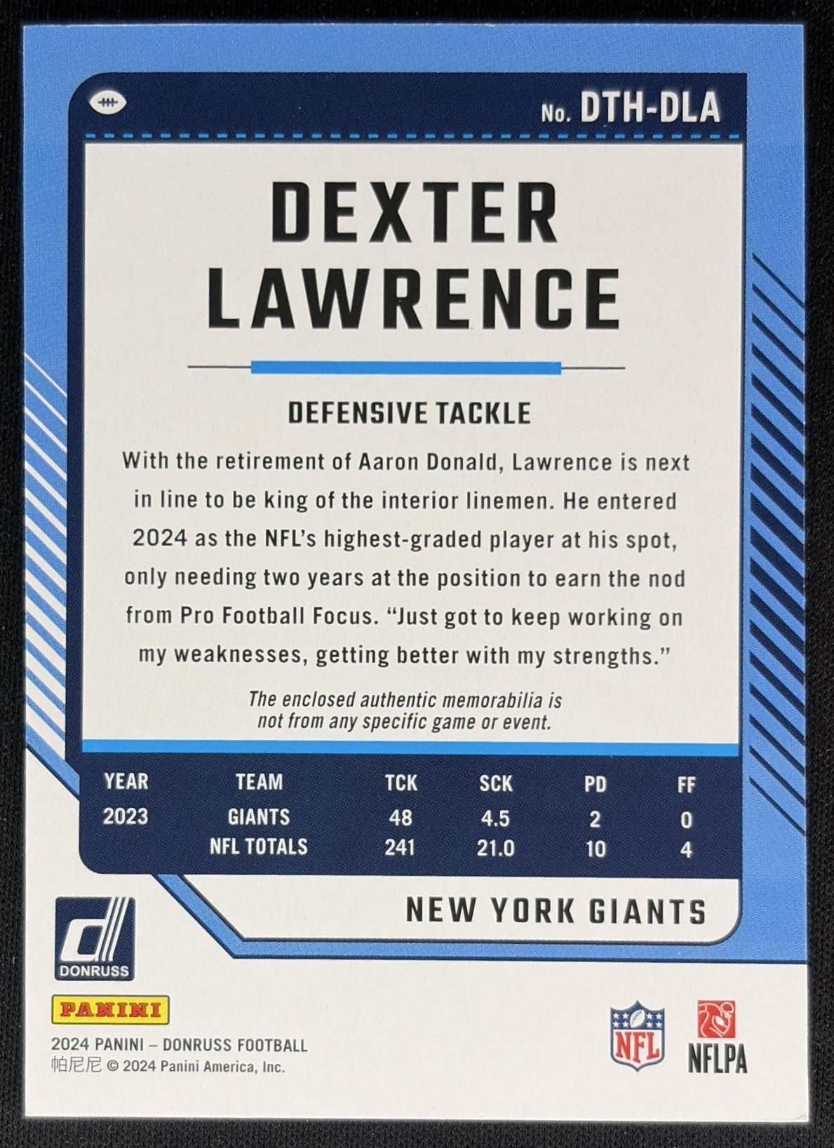 Dexter Lawerence 2024 Panini Donruss Threads Giants back