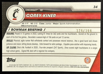 Corey Kiner 2023 Bowman University Chrome Purple Refractor /399 back