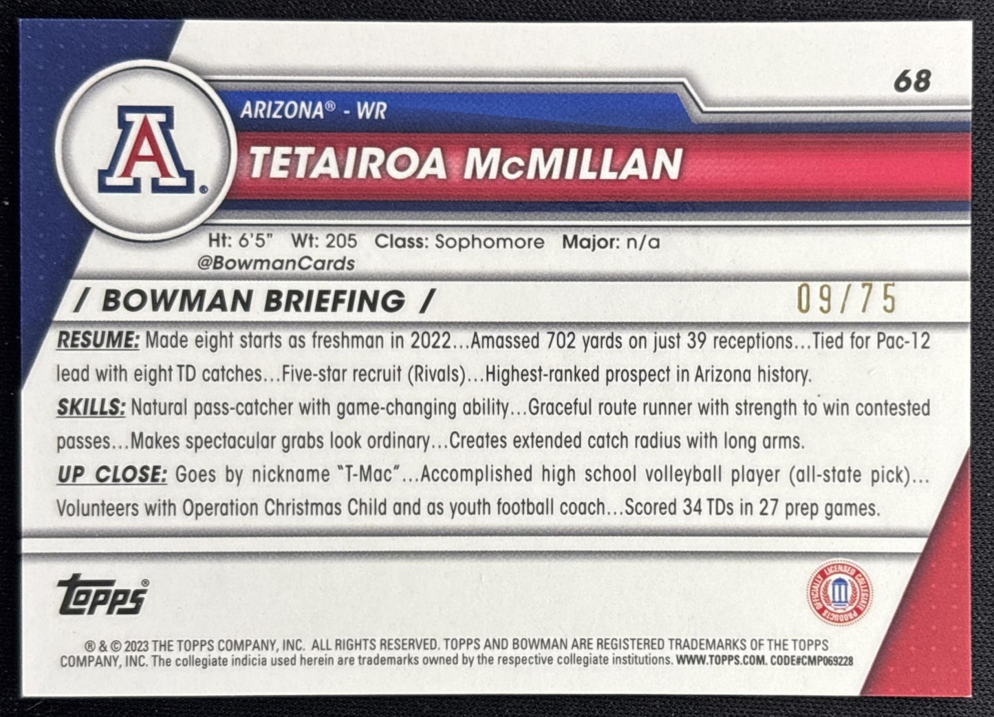 Tetairoa McMillan 2023 Bowman University Chrome Sapphire Yellow /75 Wildcats back