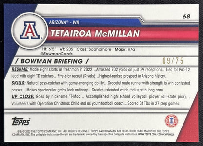 Tetairoa McMillan 2023 Bowman University Chrome Sapphire Yellow /75 Wildcats back