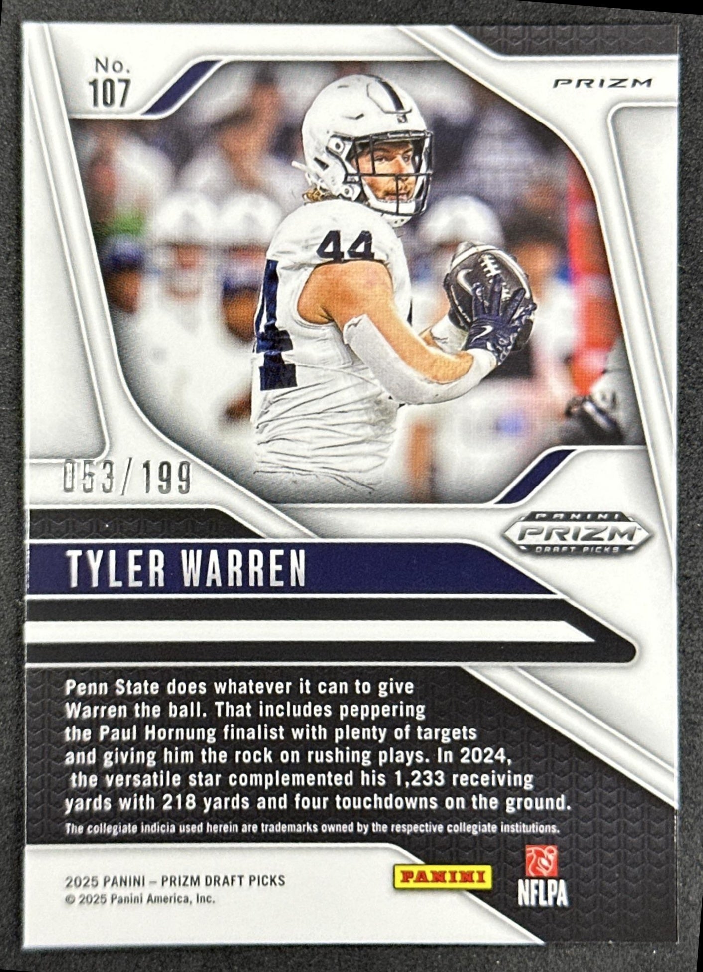 Tyler Warren 2025 Panini Prizm Draft Picks Purple Ice /199 Nittany Lions Colts
