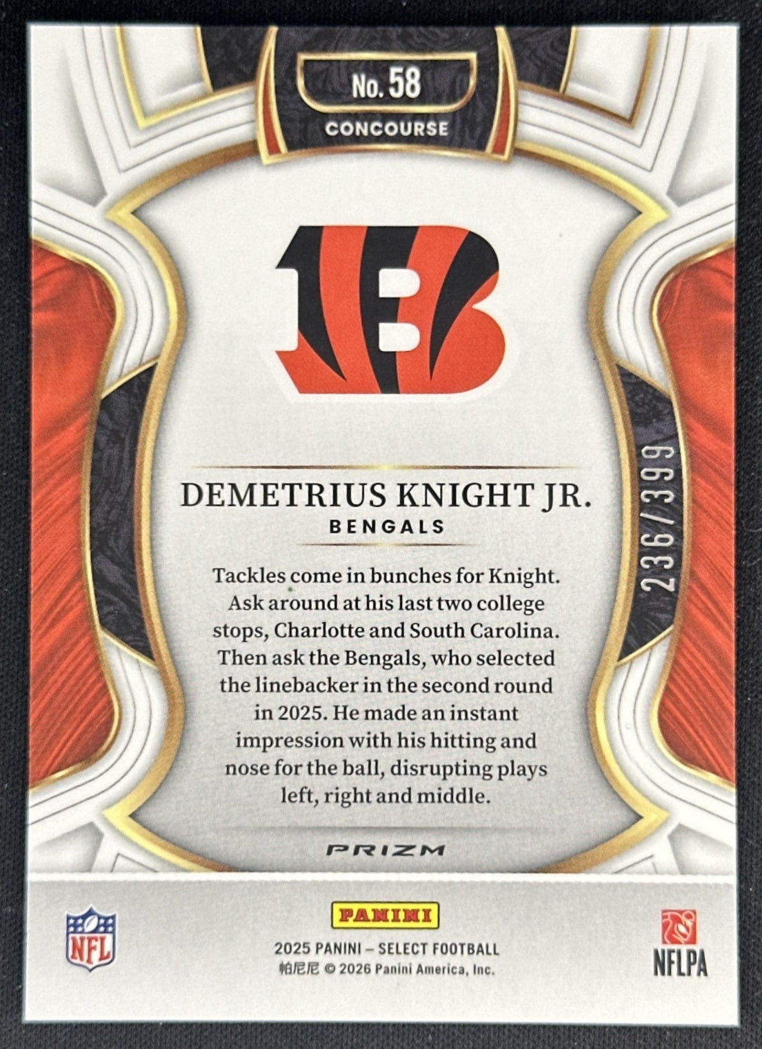 Demetrius Knight Jr. 2025 Panini Select Concourse Tri-Color Prizm /399 Rookie Bengals Sports Trading Cards