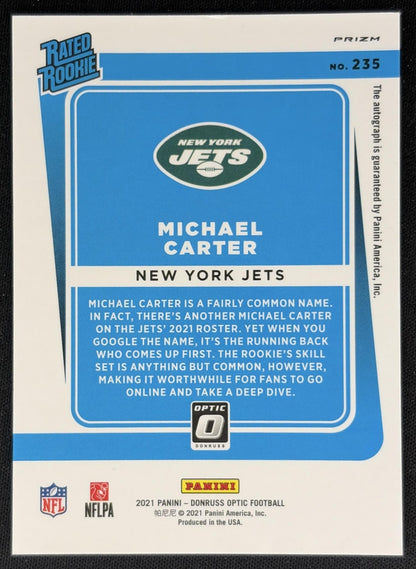 Michael Carter 2021 Panini Donruss Optic Rated Rookie RPS Auto Red Hyper Jets back