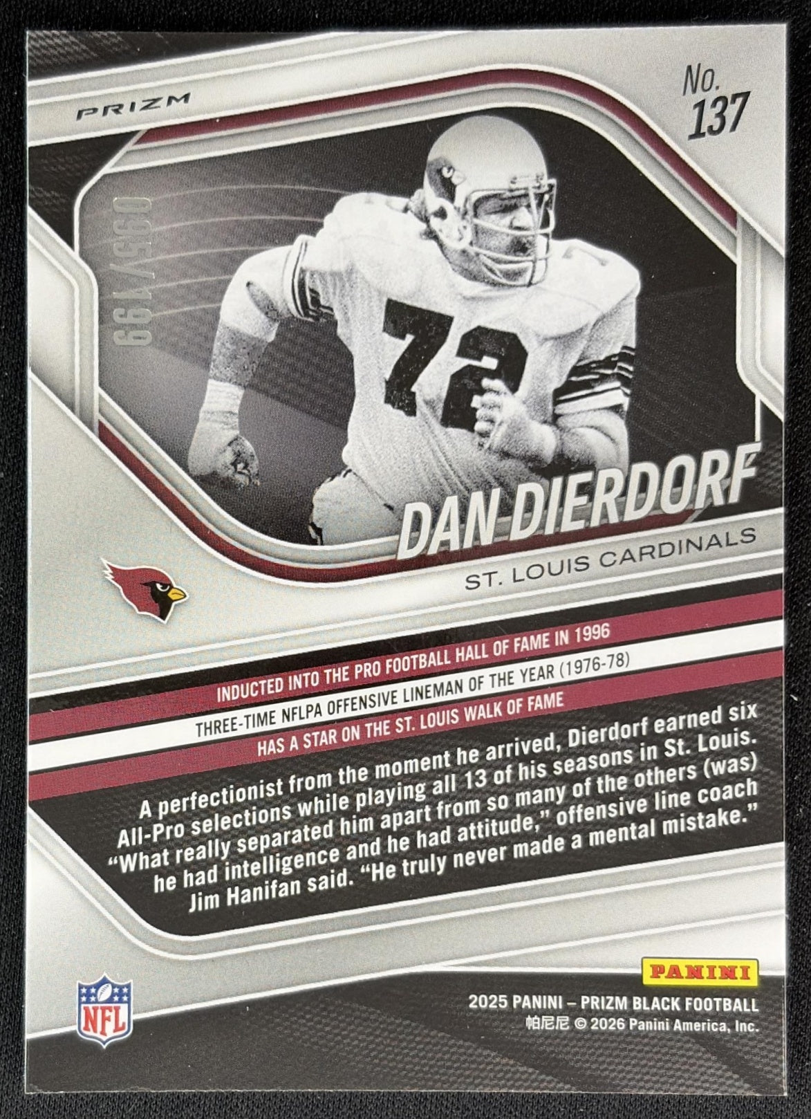 Dan Dierdorf 2025 Panini Prizm Black Blue /199 Cardinals Back