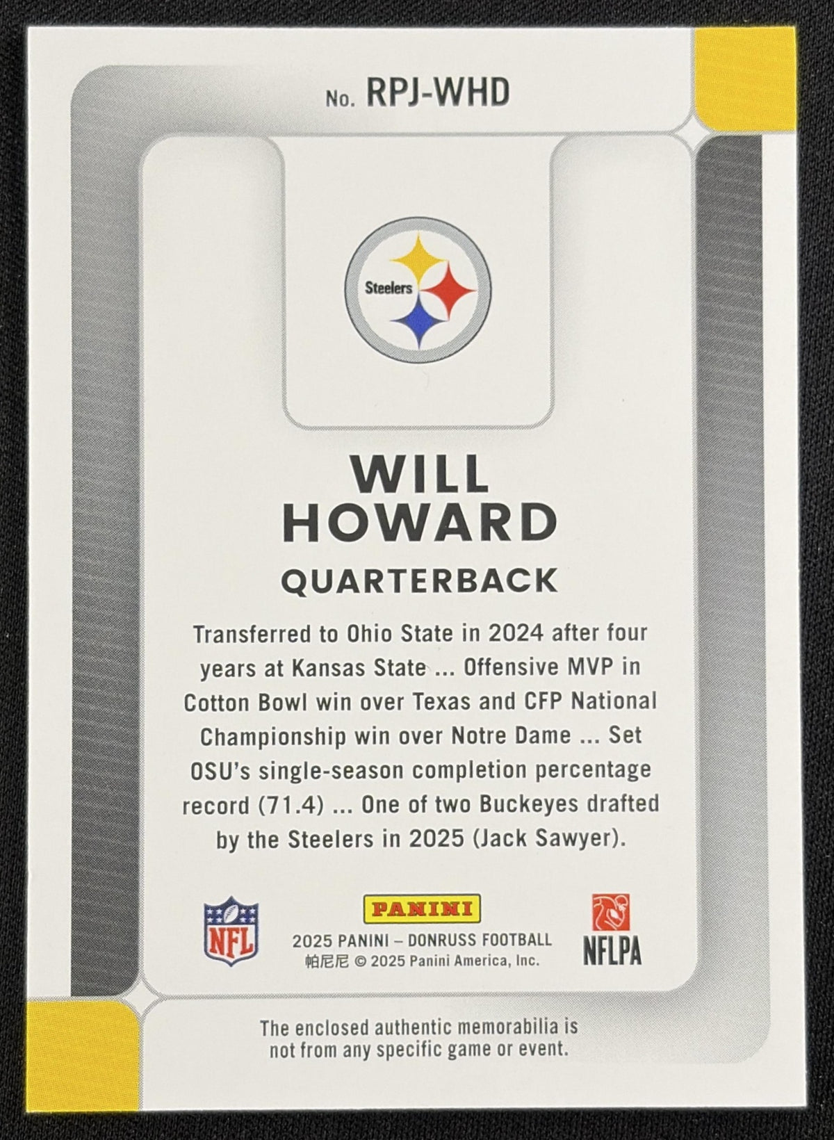 Will Howard 2025 Panini Donruss Rookie Phenom Jerseys Steelers - Back
