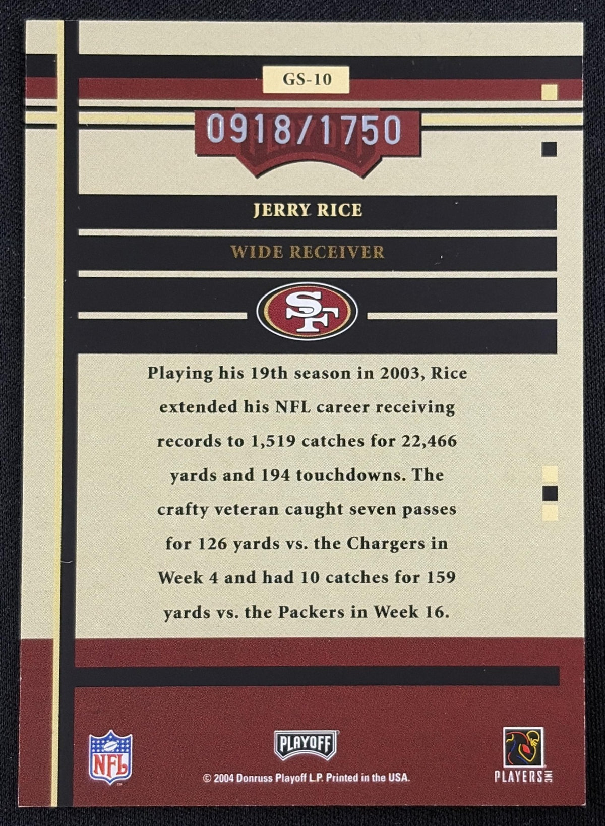 Jerry Rice 2004 Playoff Contenders Playoff Honors Game Day /1750 49ers - Back