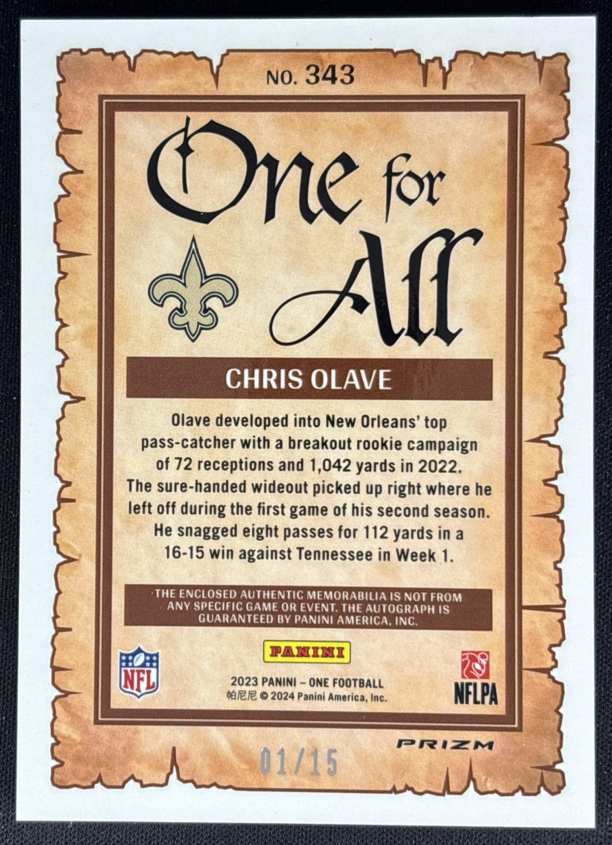 *Damaged* Chris Olave 2023 Panini One for All Dual Patch Auto Gold Wave /15 Saints Sports Trading Cards