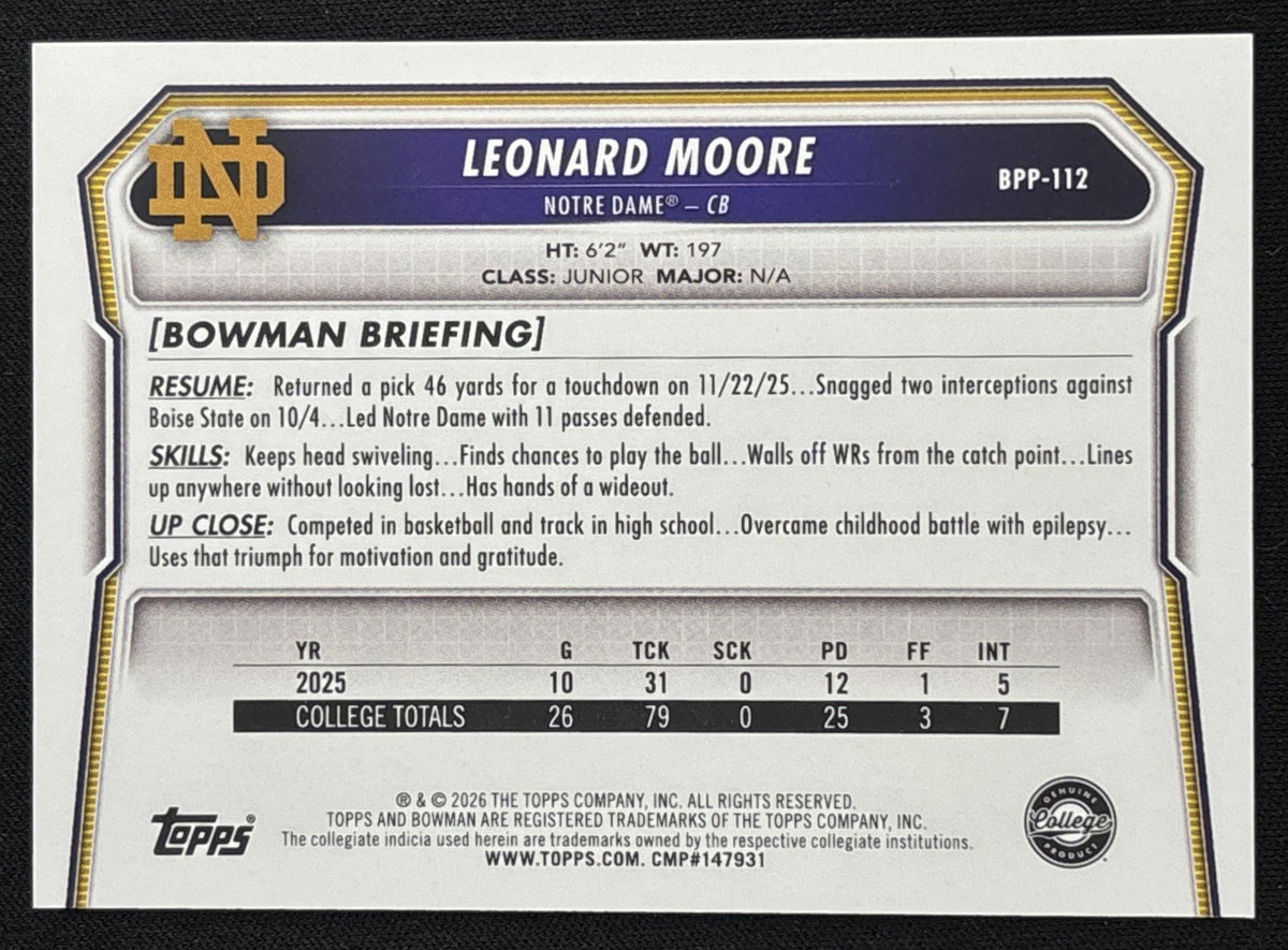 Leonard Moore 2026 Bowman Paper Prospects Aqua /199 Fighting Irish Sports Trading Card