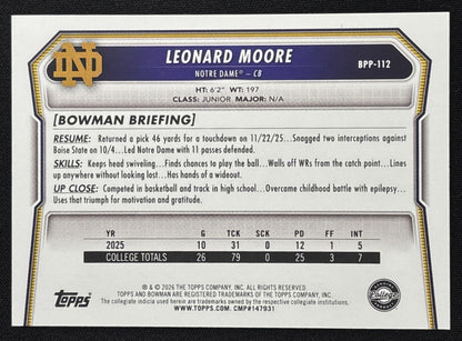 Leonard Moore 2026 Bowman Paper Prospects Aqua /199 Fighting Irish Sports Trading Card
