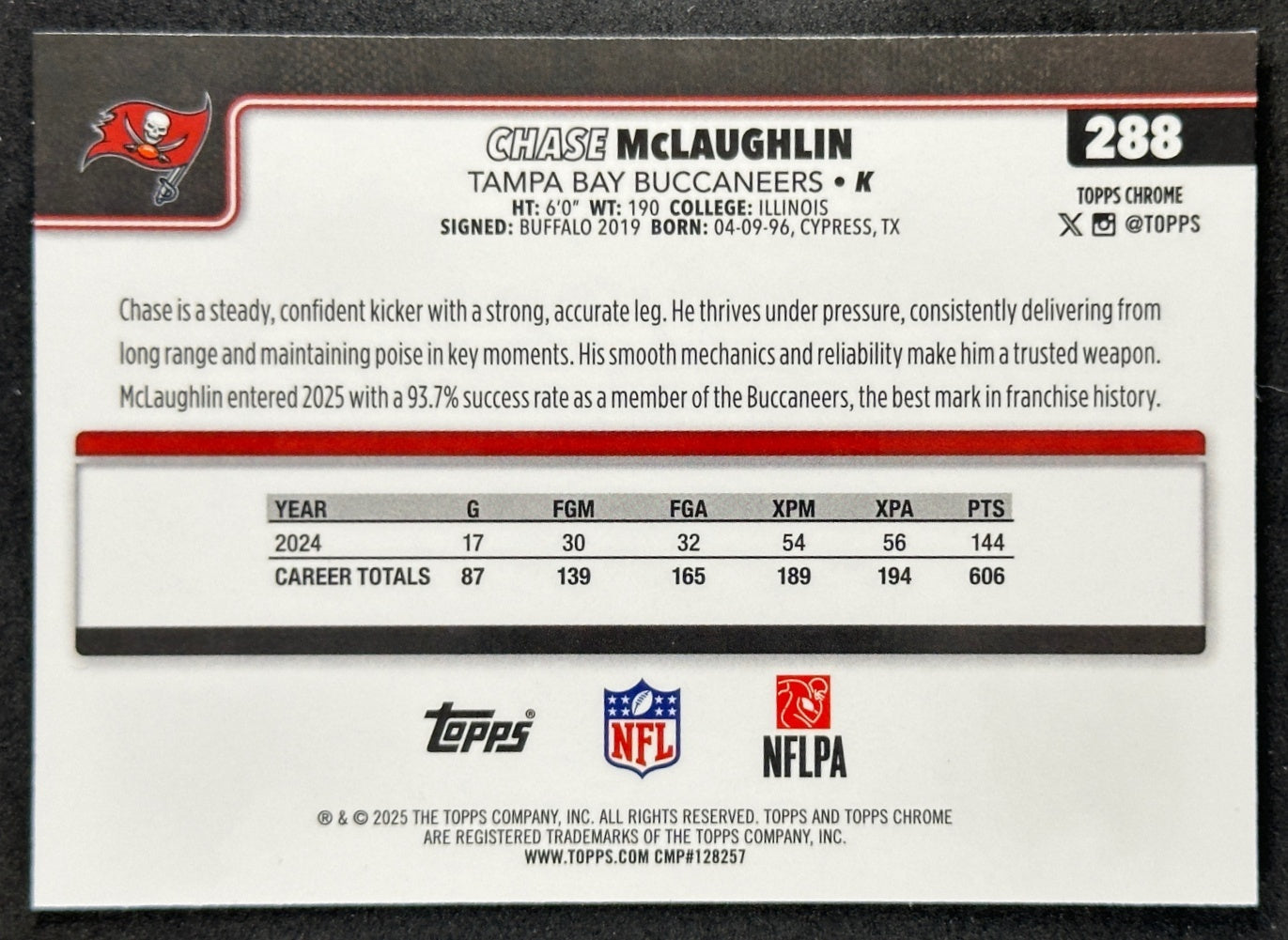 Chase McLaughlin 2025 Topps Chrome Pulsar Refractor Buccaneers Sports Trading Cards