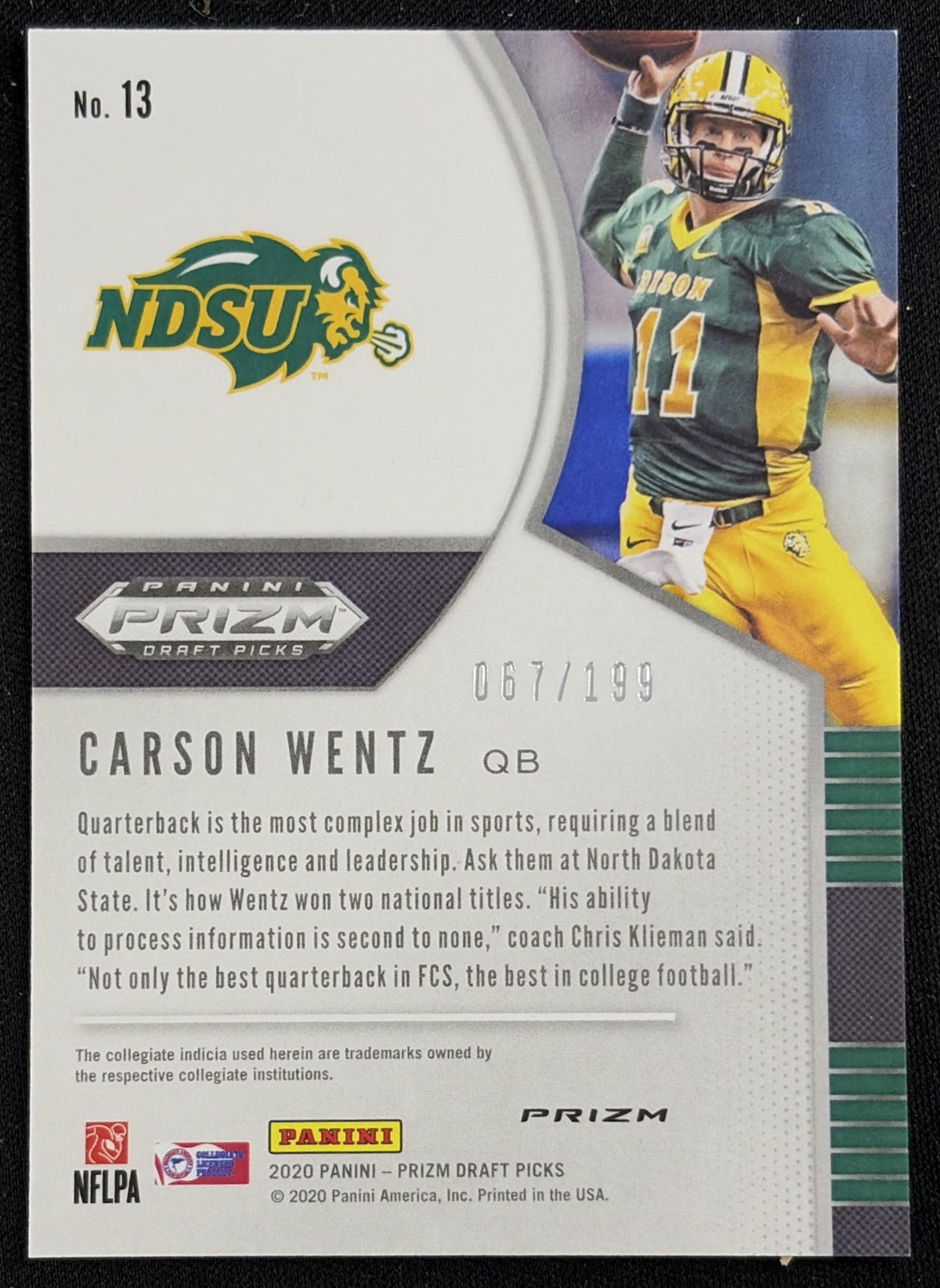 Carson Wentz 2020 Panini Prizm Draft Picks Prizms Purple And Green /199 - Back
