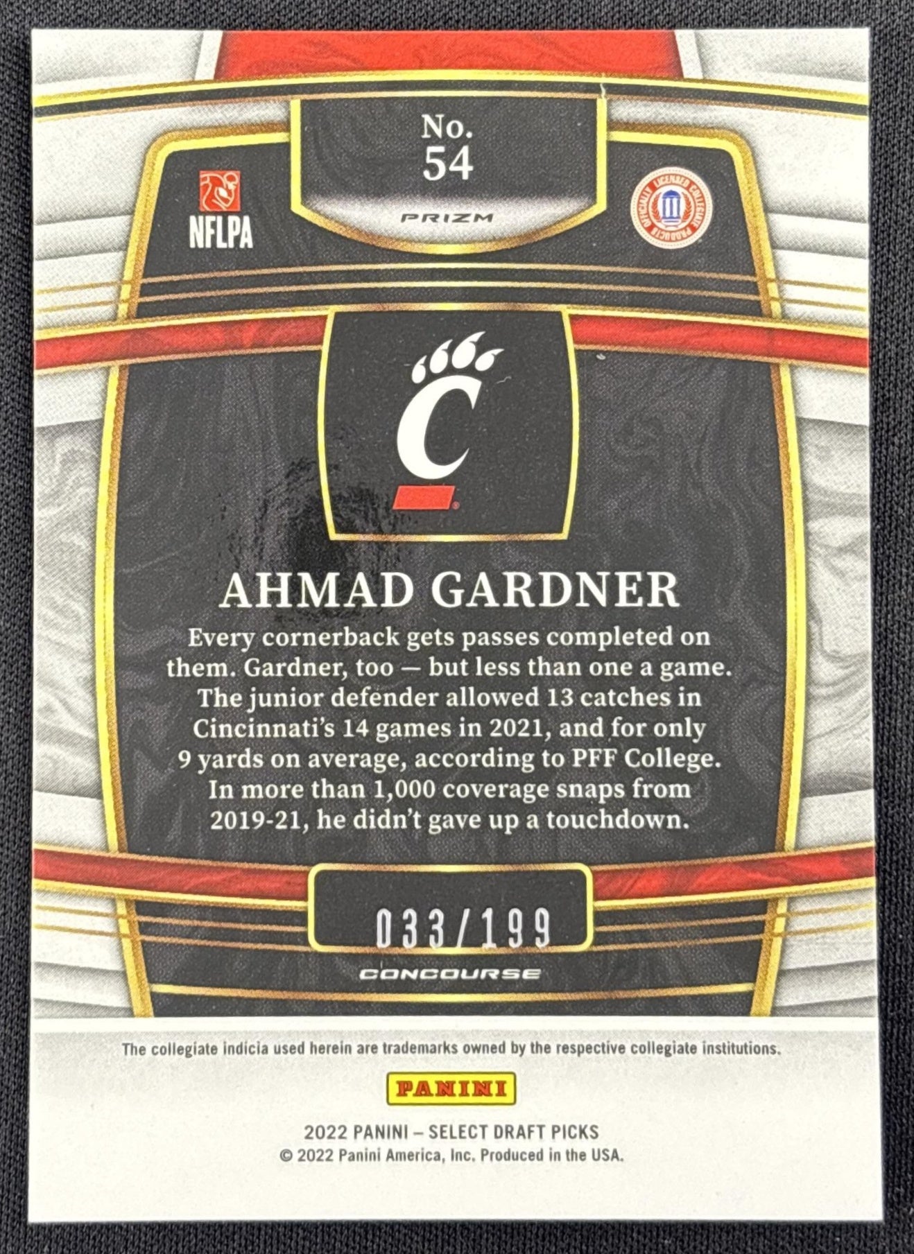 Ahmad "Sauce" Gardner 2022 Panini Select Tri Color Prizm /199 Jets
