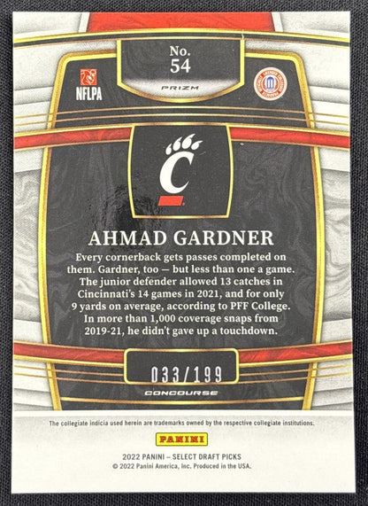 Ahmad "Sauce" Gardner 2022 Panini Select Tri Color Prizm /199 Jets