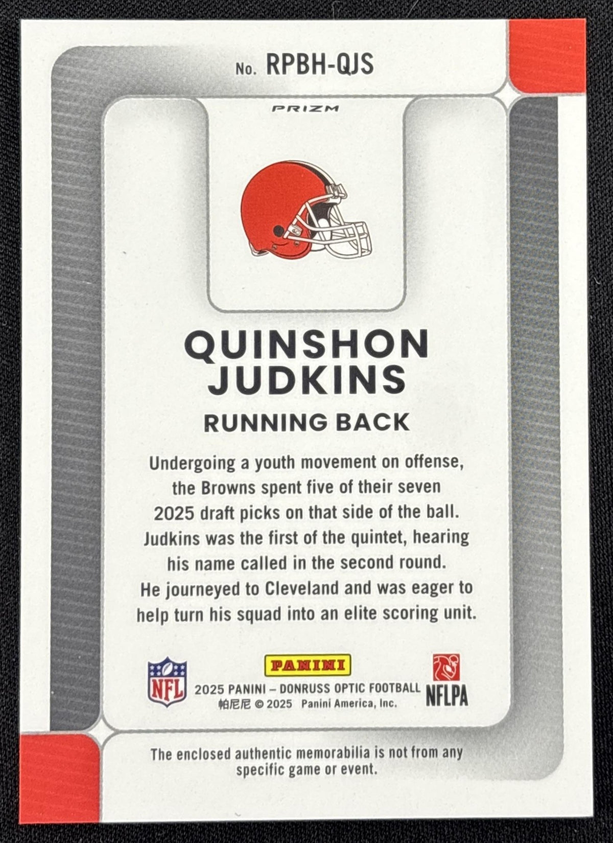 Quinshon Judkins 2025 Panini Donruss Optic Rookie Phenoms Blue Hyper Prizm Browns