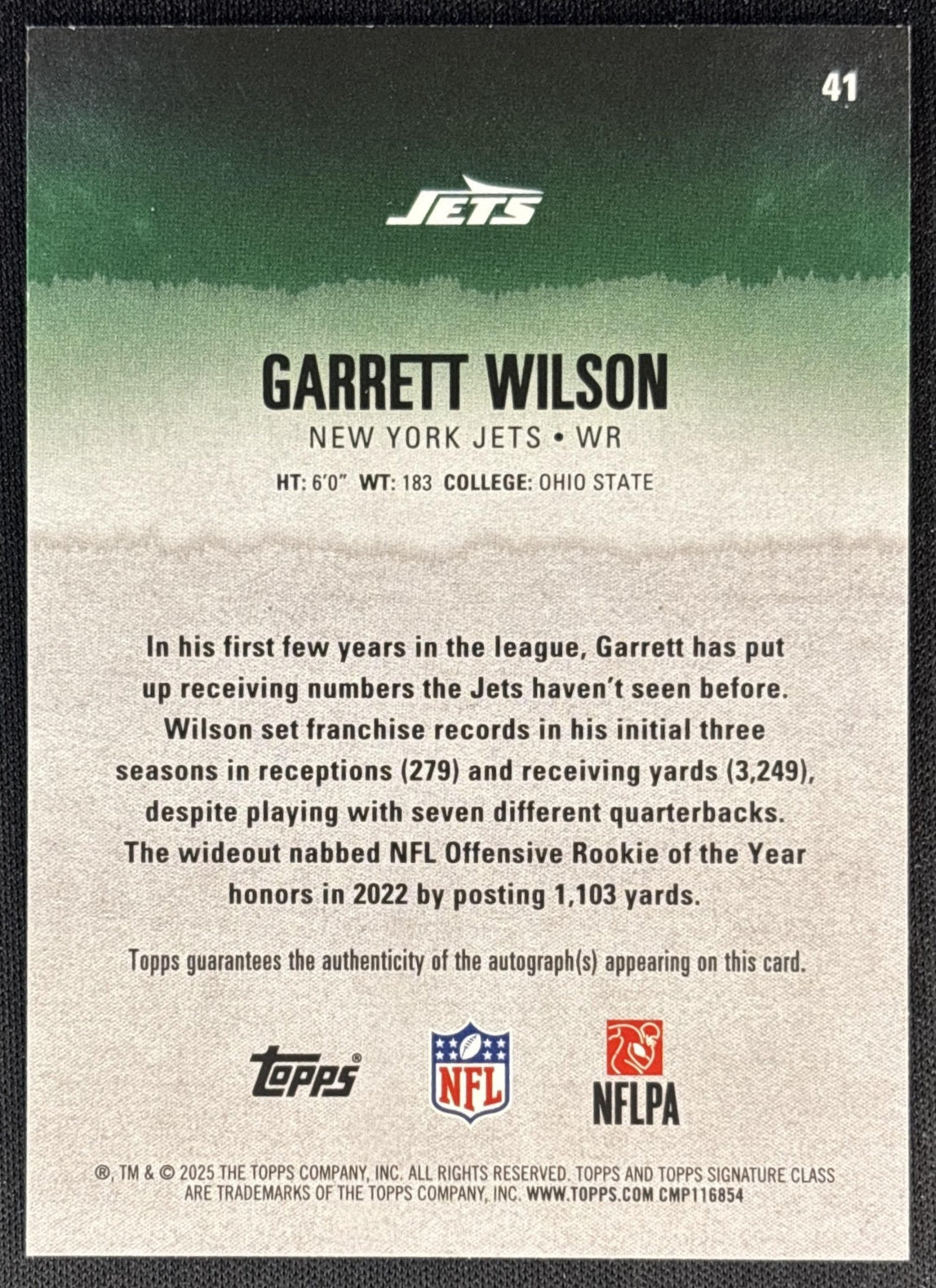 Garrett Wilson 2025 Topps Signature Class Veteran Auto Purple Foil /100 Jets back