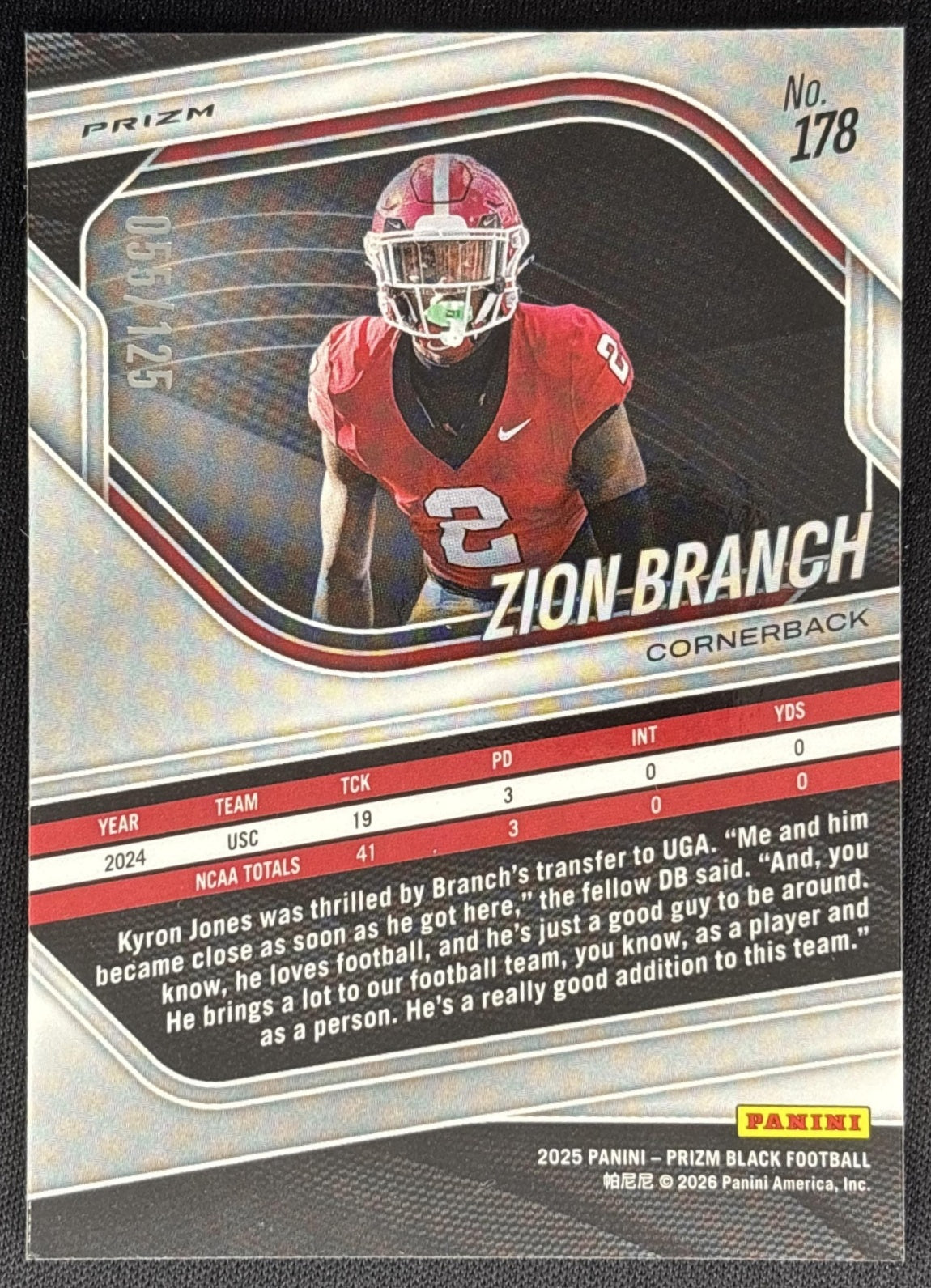 Zion Branch 2025 Panini Prizm Black Prospects Blue Ice /125 Bulldogs Sports Trading Cards