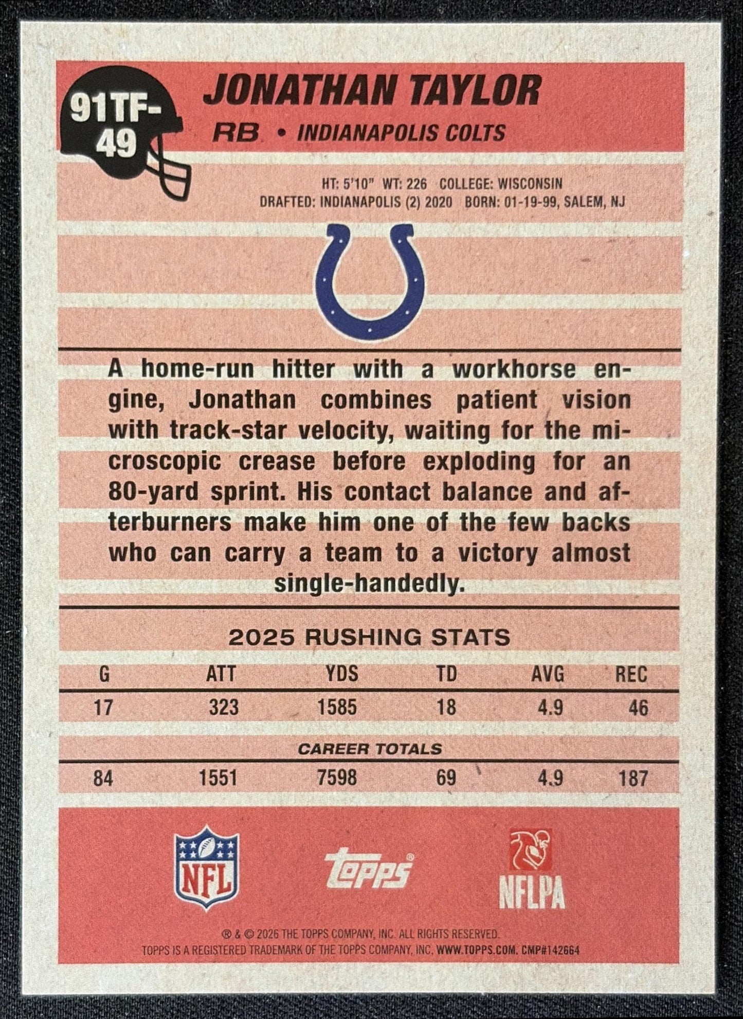 Jonathan Taylor 2026 Topps 1991 Colts back