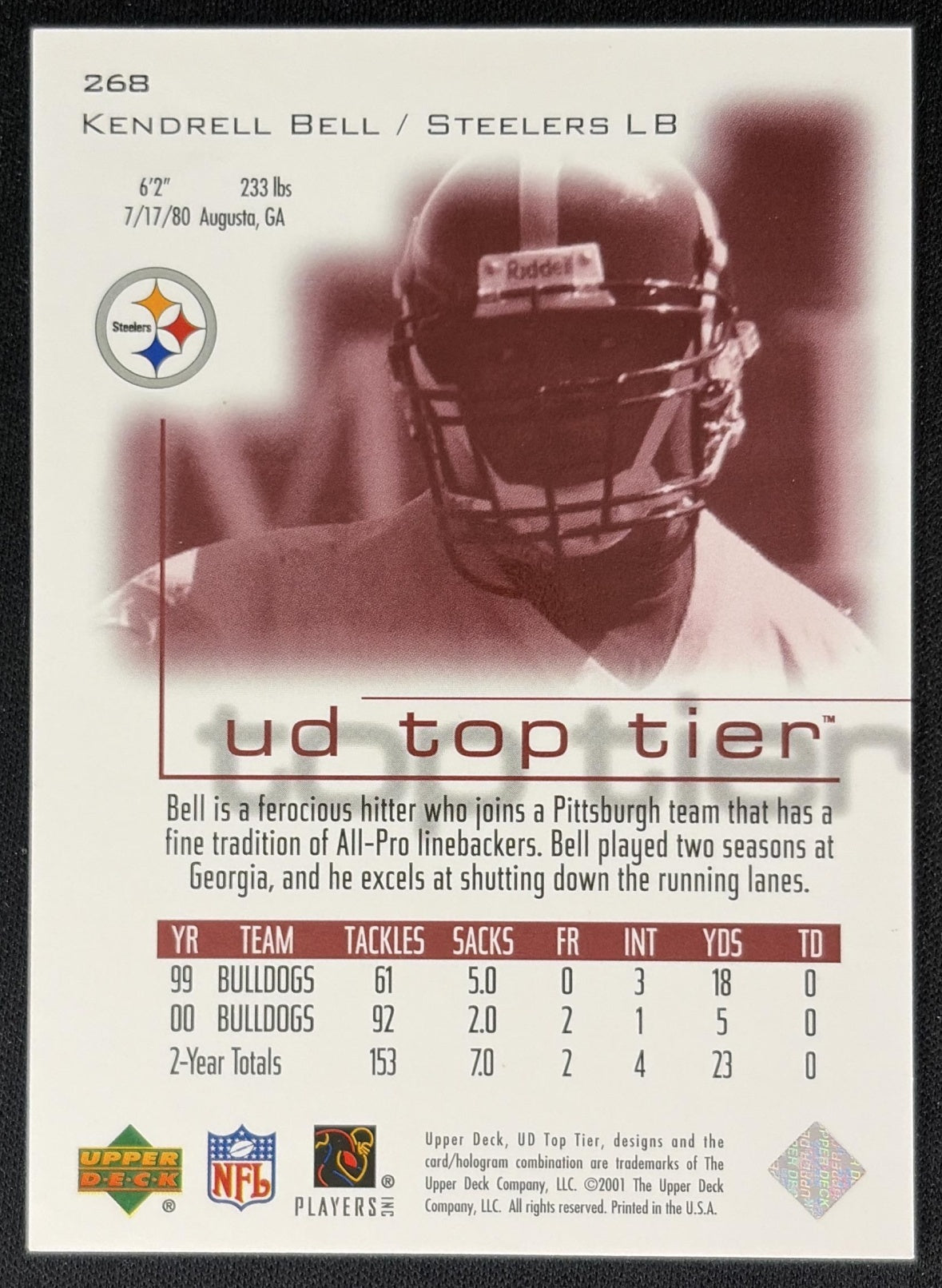 Kendrell Bell 2001 Upper Deck Top Tier /2500 Steelers back