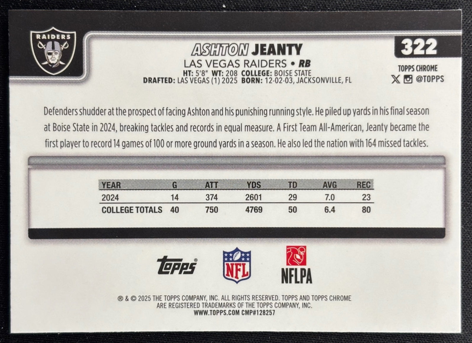 Ashton Jeanty 2025 Topps Chrome Rookie Raiders Sports Trading Cards