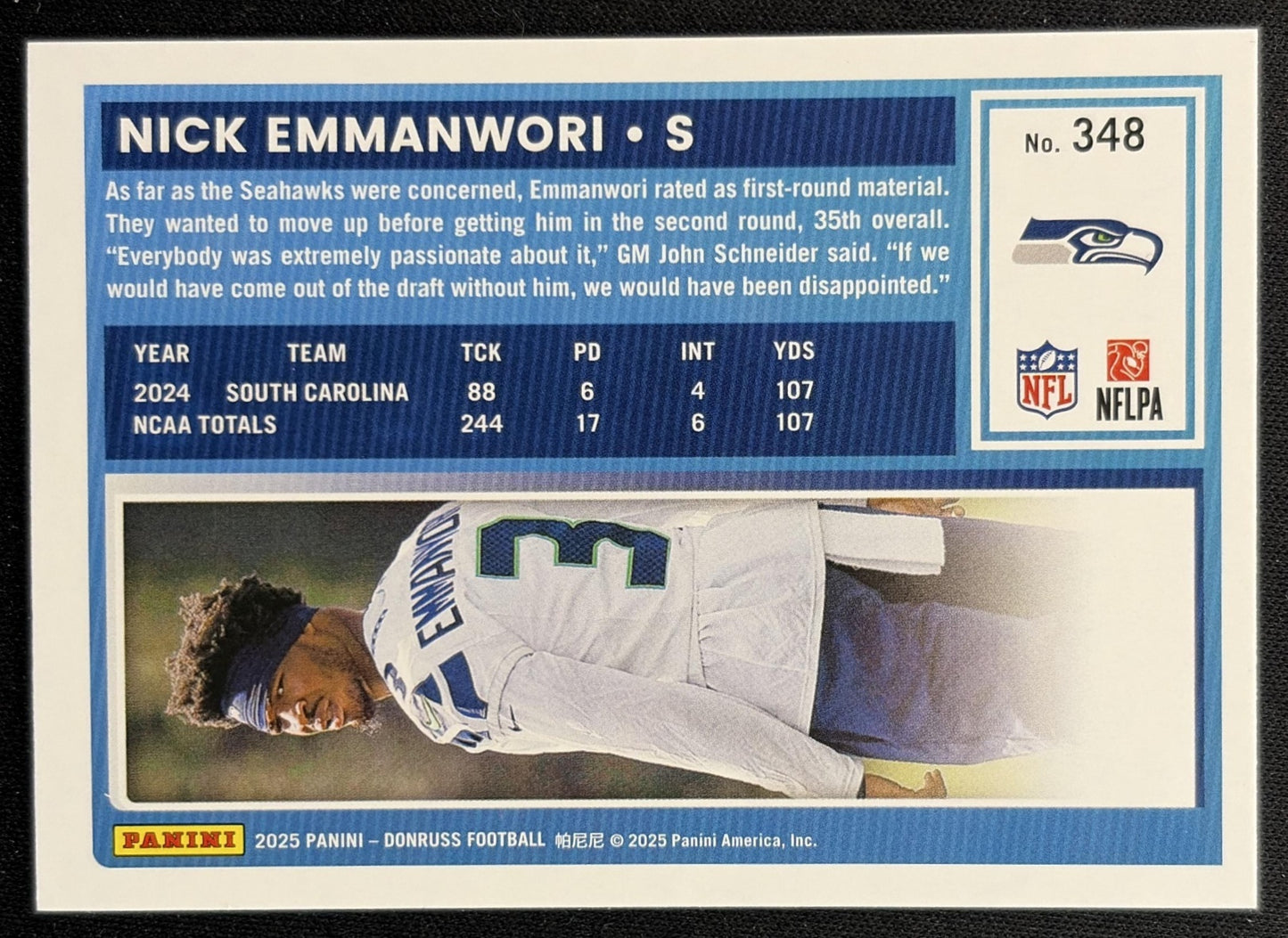 Nick Emmanwori 2025 Panini Donruss Rated Rookie Press Proof Blue Seahawks back