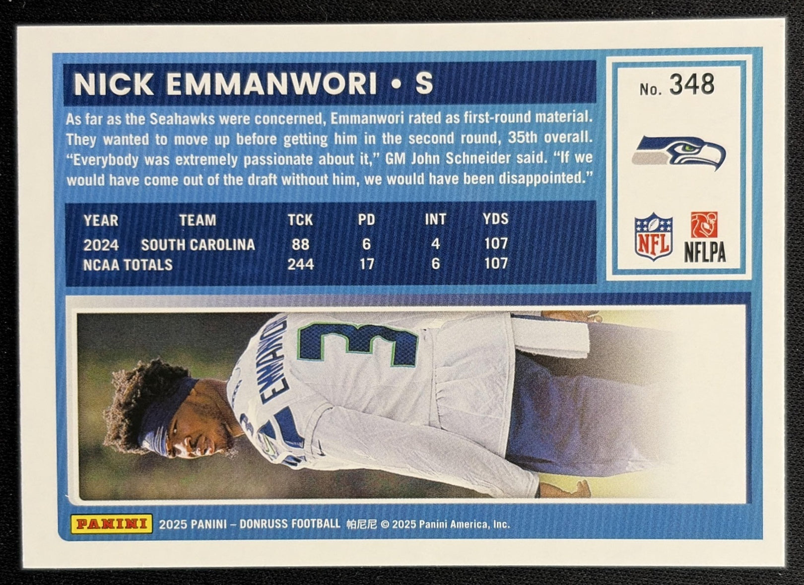 Nick Emmanwori 2025 Panini Donruss Rated Rookie Press Proof Blue Seahawks back