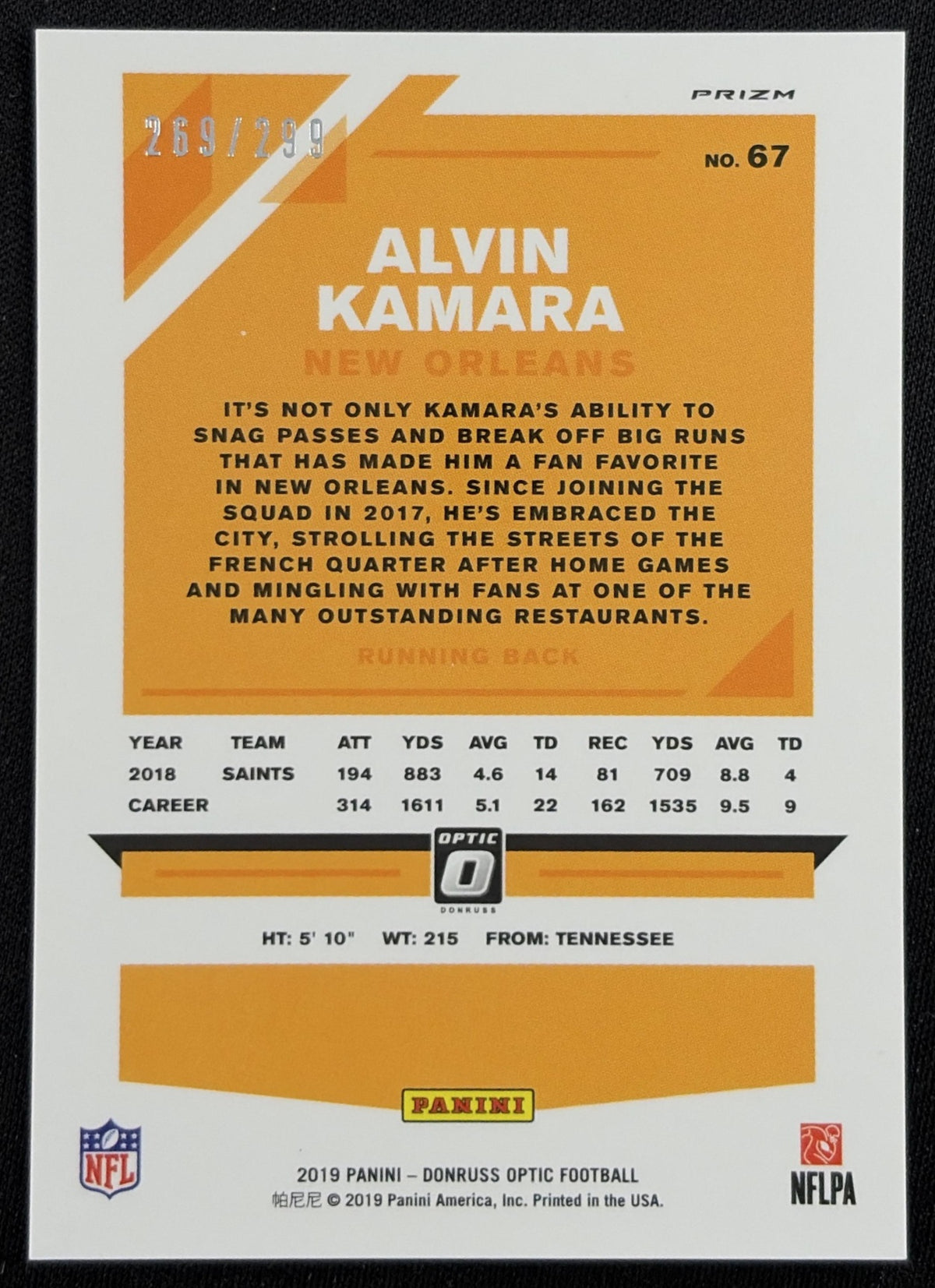Alvin Kamara 2019 Panini Donruss Optic Aqua /299 Saints New Orleans Saints Sports Trading Card