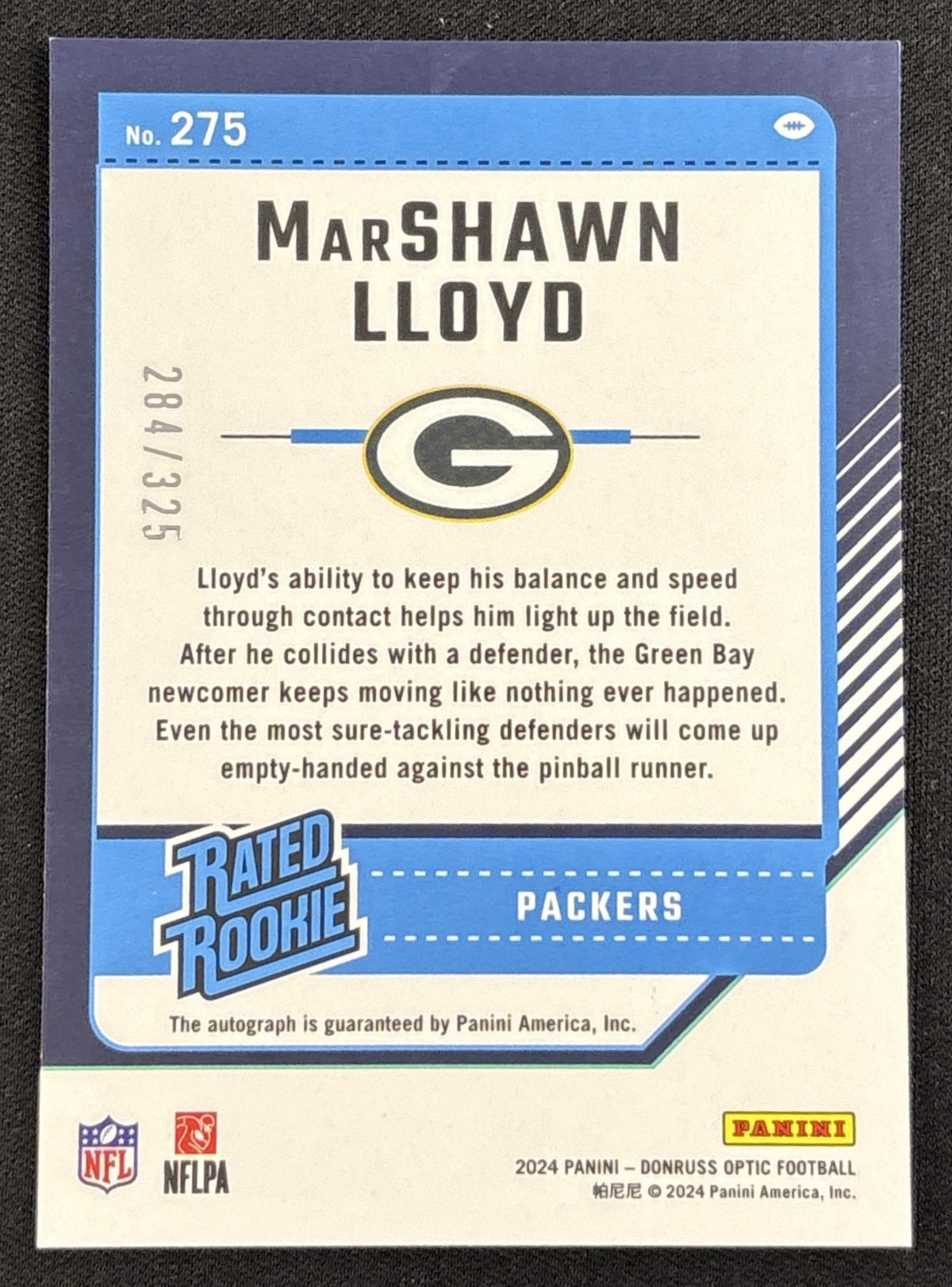 MarShawn Lloyd 2024 Panini Donruss Optic Rated Rookie Auto /325 Packers Sports Trading Card