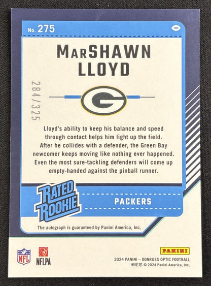 MarShawn Lloyd 2024 Panini Donruss Optic Rated Rookie Auto /325 Packers Sports Trading Card