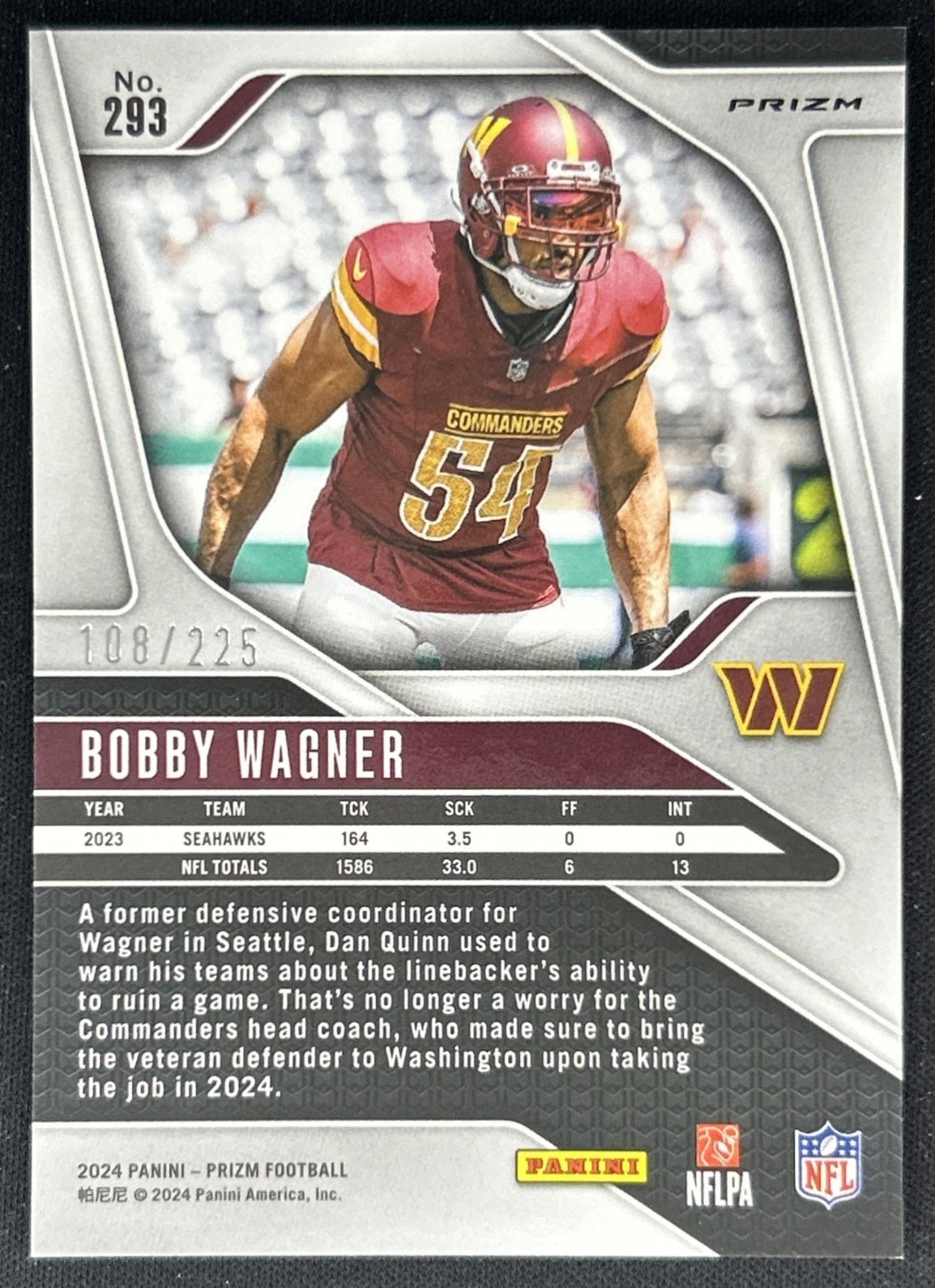 Bobby Wagner 2024 Panini Prizm Purple Ice /225 Commanders back