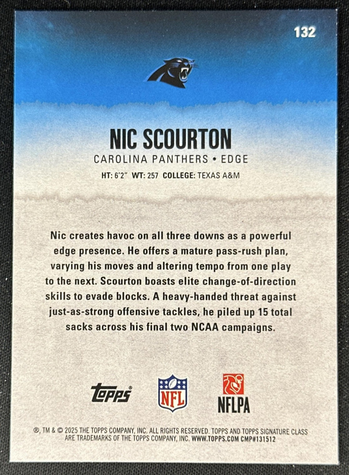 Nic Scourton 2025 Topps Signature Class Rookie Green & Purple Foil Panthers back