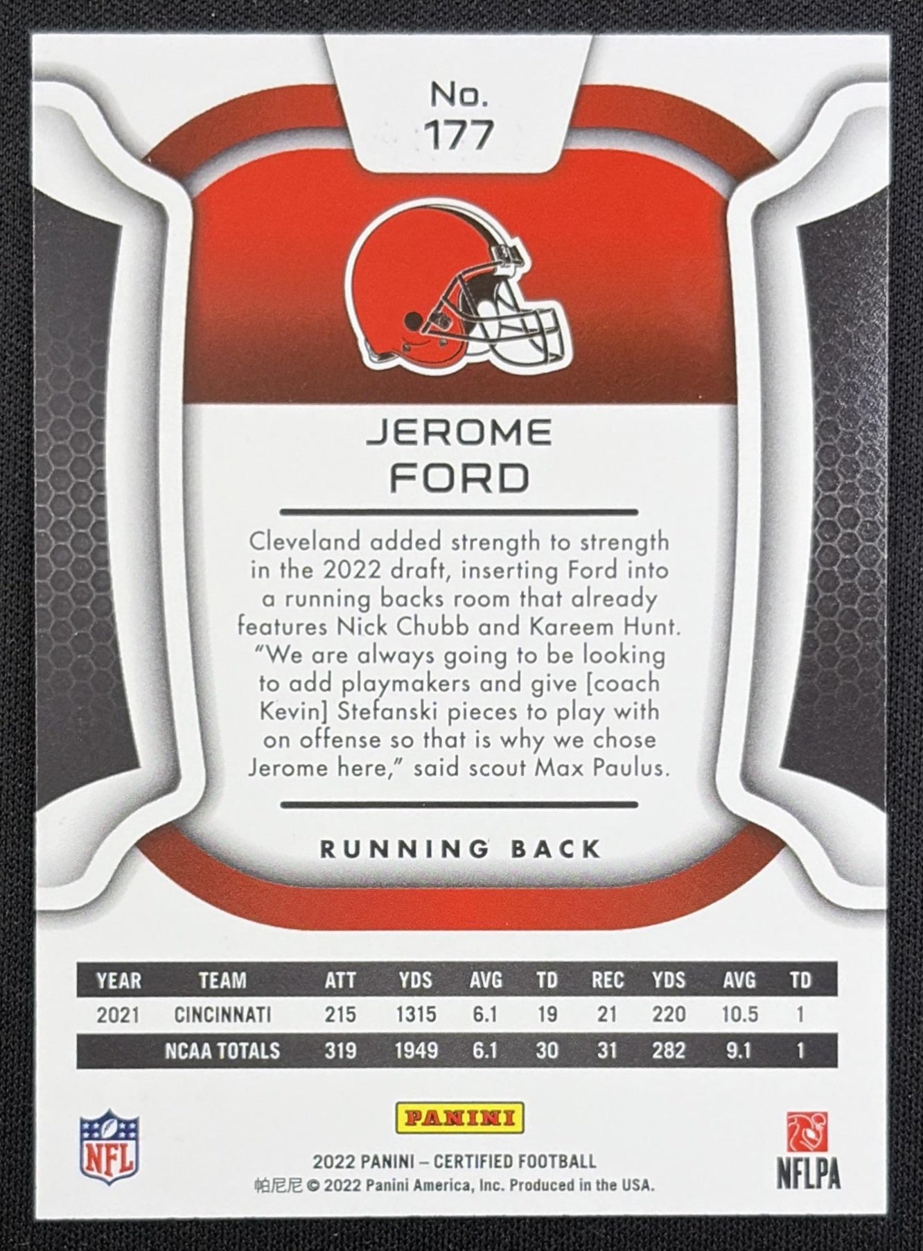 Jerome Ford 2022 Panini Certified Mirror Blue /75 Browns
