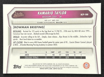 Kamario Taylor 2026 Bowman Chrome Prospects Bulldogs